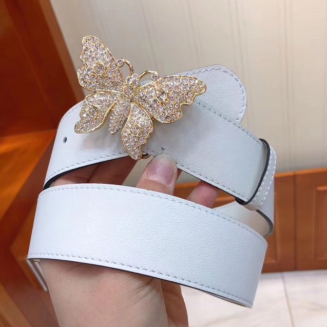 GG original calfskin belt with butterfly 38mm 499634 white