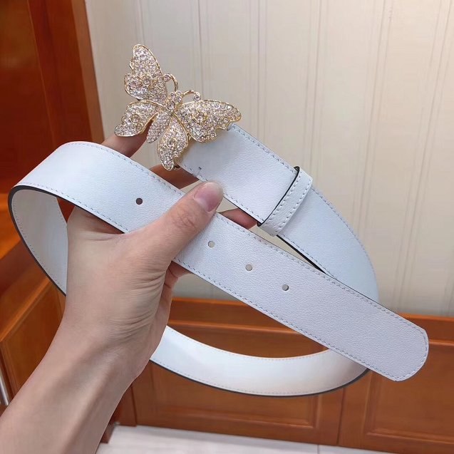 GG original calfskin belt with butterfly 38mm 499634 white