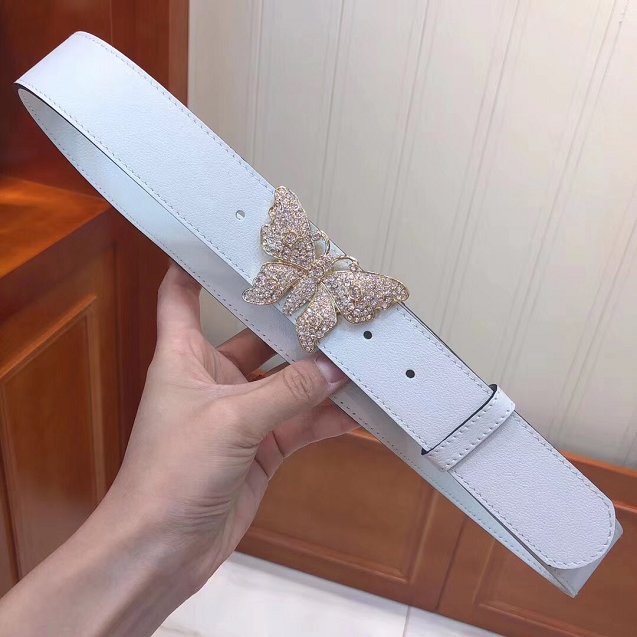 GG original calfskin belt with butterfly 38mm 499634 white