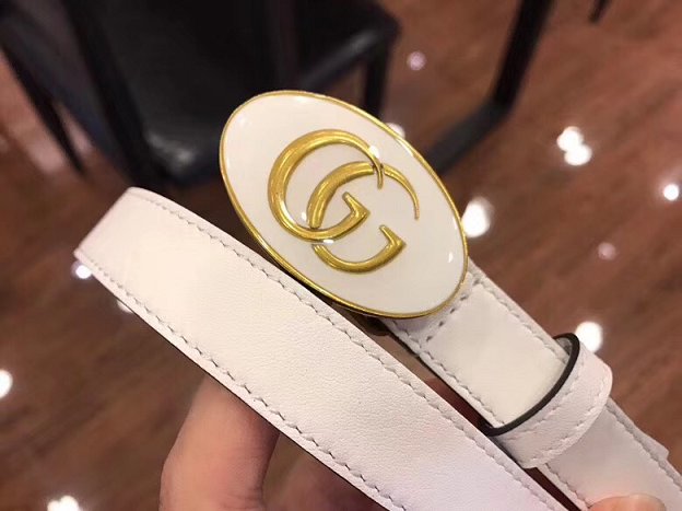 GG original calfskin belt with oval enameled buckle 524117 white