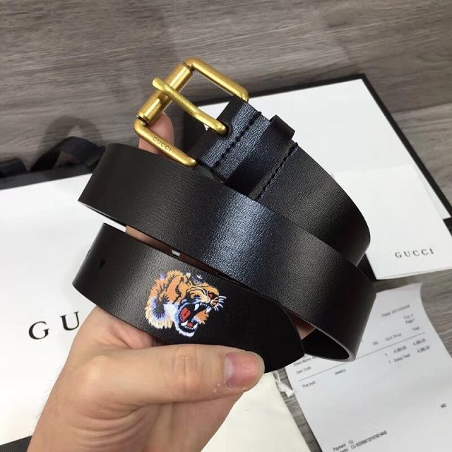 GG original calfskin mens belt with tiger head 495128 black