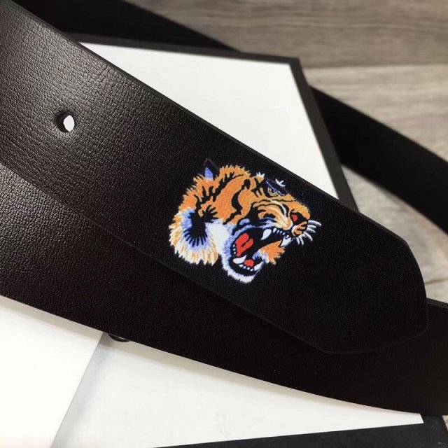 GG original calfskin mens belt with tiger head 495128 black