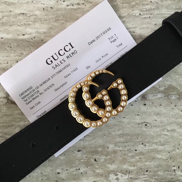 GG original calfskin pearl buckle belt 35mm 225530 black