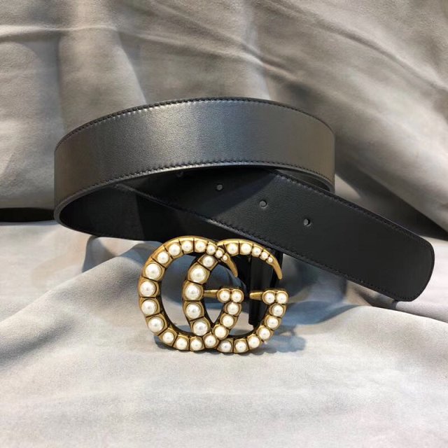 GG original calfskin pearl buckle belt 38mm 453260 black