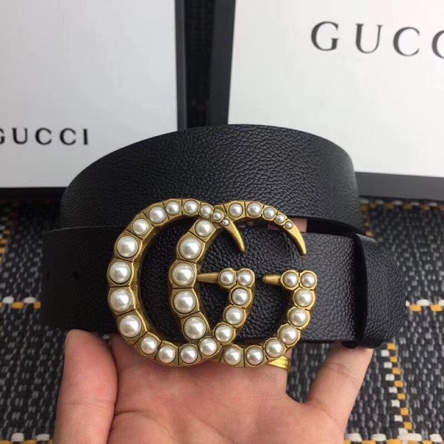 GG original grained calfskin pearl buckle belt 38mm 453260 black