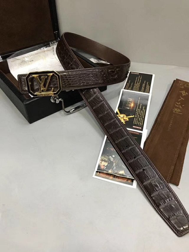 Louis vuitton original crocodile leather 38mm belt M0034 dark coffee