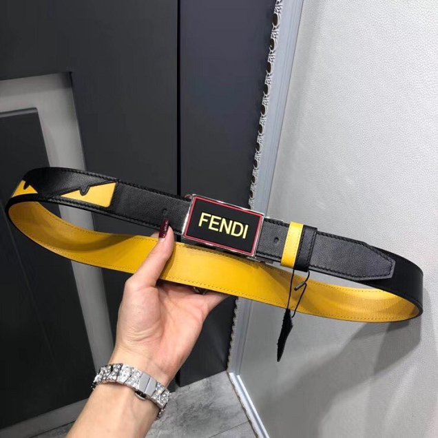 Fendi original calfskin belt 34mm F0002 black yellow