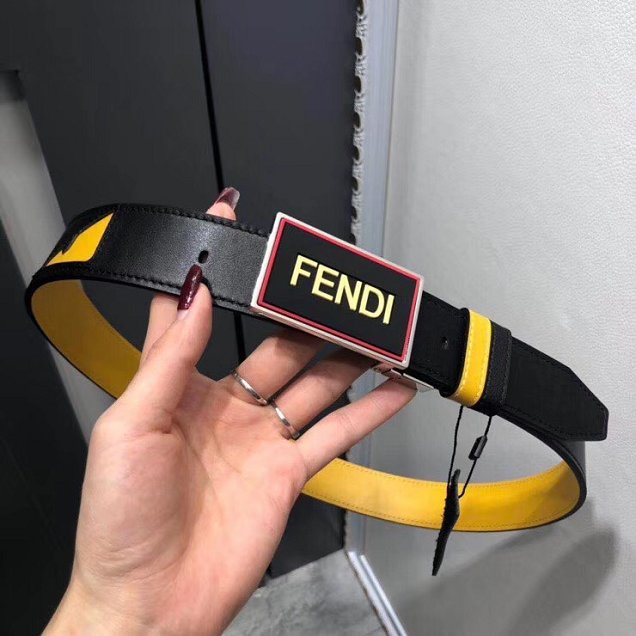 Fendi original calfskin belt 34mm F0002 black yellow