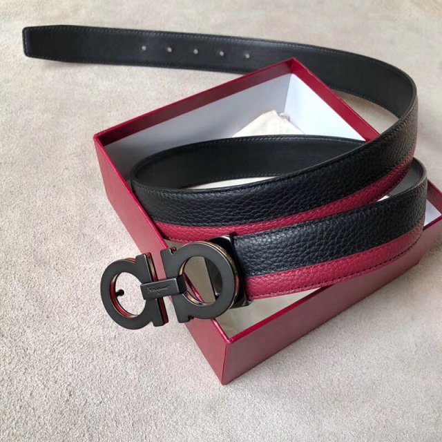 Feragamo gancini original calfskin mens belt 35mm F0013 black&burgundy