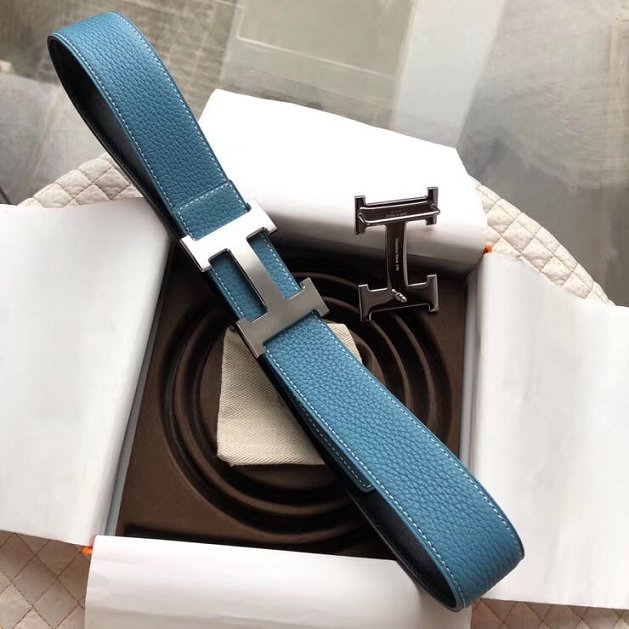 Hermes original calfskin H mens belt 38mm H075355 blue