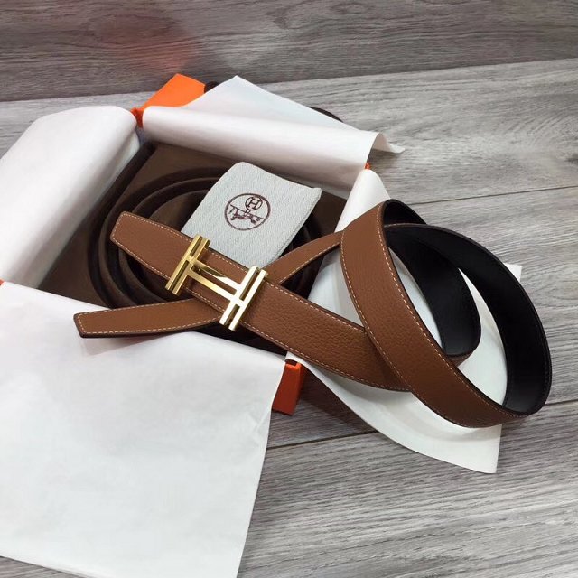 Hermes original togo leather H au carre belt 32mm H066055 coffee