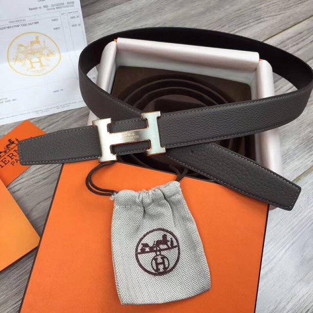 Hermes original togo leather constance belt 32mm H064549 grey