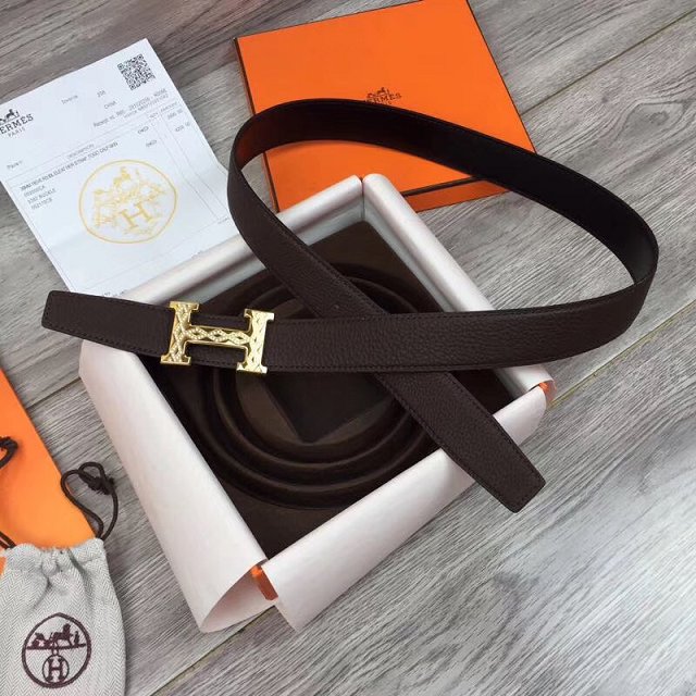 Hermes original togo leather constance belt 32mm H064551 dark coffee