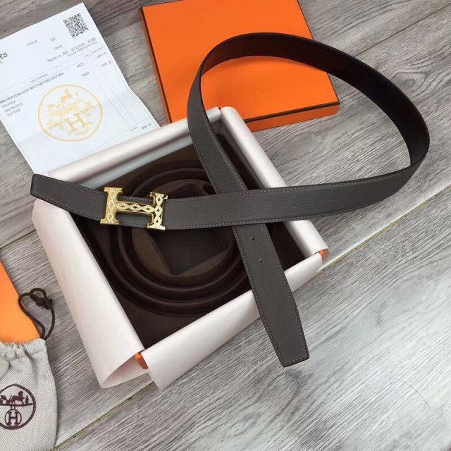 Hermes original togo leather constance belt 32mm H064551 grey