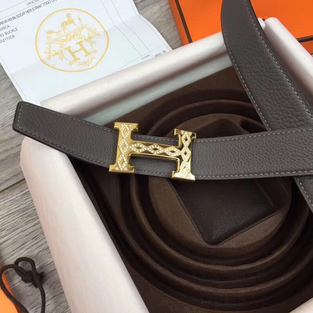 Hermes original togo leather constance belt 32mm H064551 grey