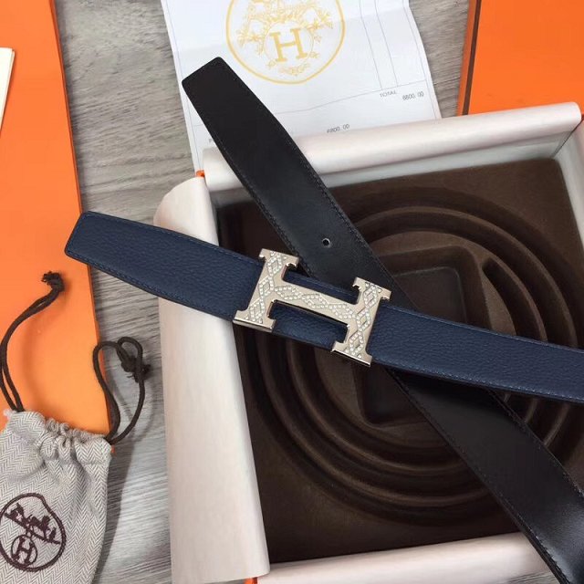 Hermes original togo leather constance belt 32mm H064551 navy blue