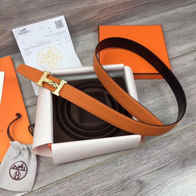 Hermes original togo leather constance belt 32mm H064551 orange