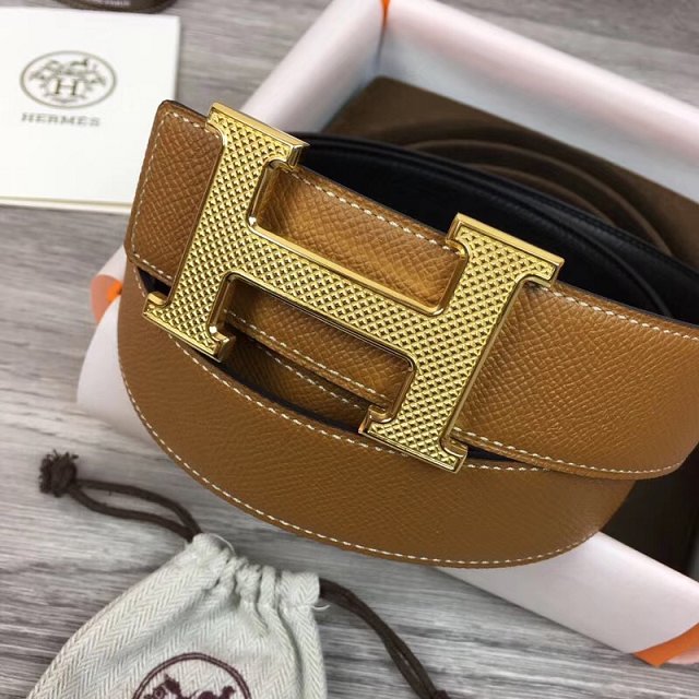 Hermes orignal epsom leather H reversible belt 32mm H073927 coffee