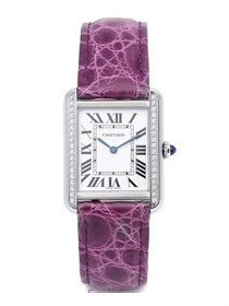 Cartier tank quartz diamond watch small crocodile leather W6200005 purple