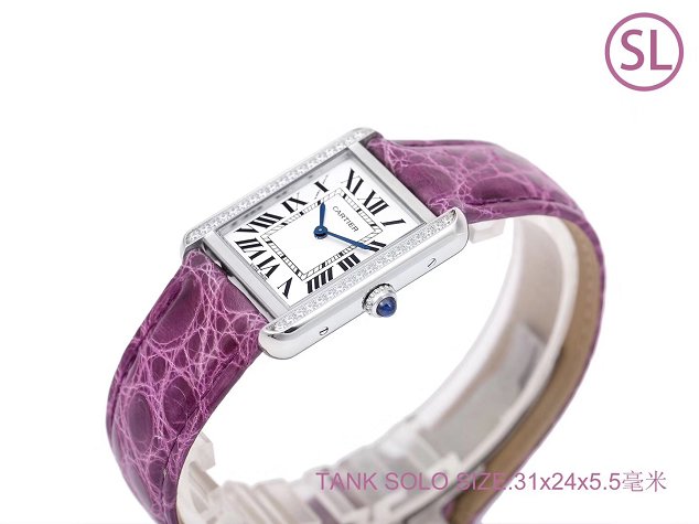 Cartier tank quartz diamond watch small crocodile leather W6200005 purple