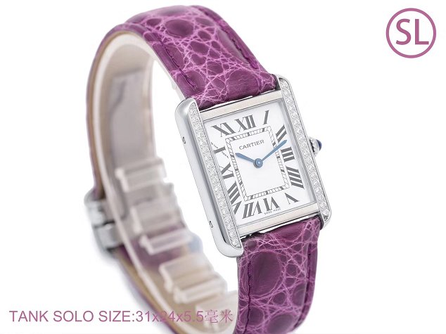 Cartier tank quartz diamond watch small crocodile leather W6200005 purple