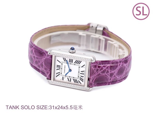 Cartier tank quartz diamond watch small crocodile leather W6200005 purple