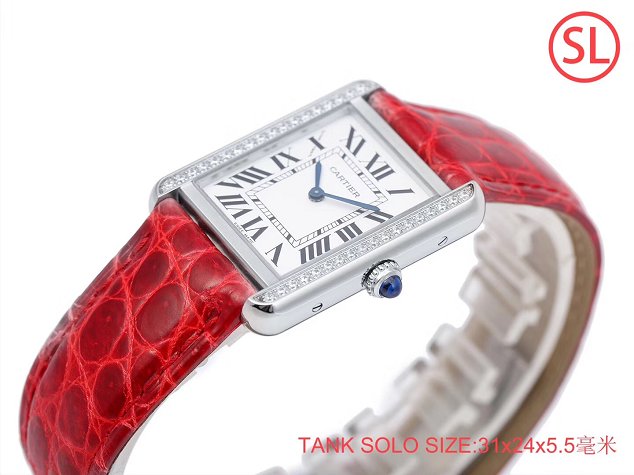 Cartier tank quartz diamond watch small crocodile leather W6200005 red