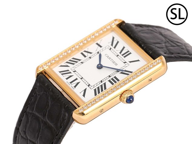 Cartier tank quartz watch diamond medium crocodile leather WA520301 black