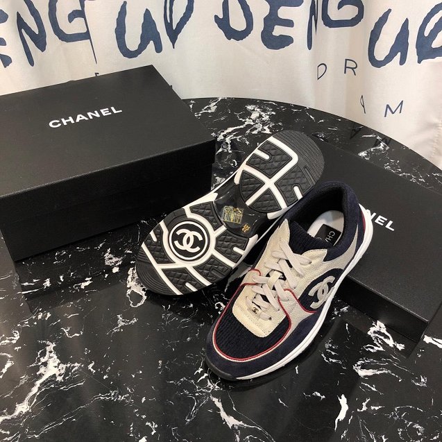 2019 CC suede calfskin sneakers G34362 beige&navy blue