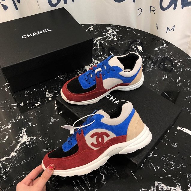 2019 CC suede calfskin sneakers G34362 blue&bordeaux