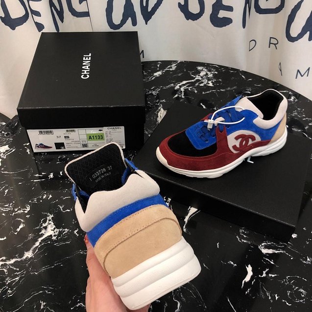 2019 CC suede calfskin sneakers G34362 blue&bordeaux