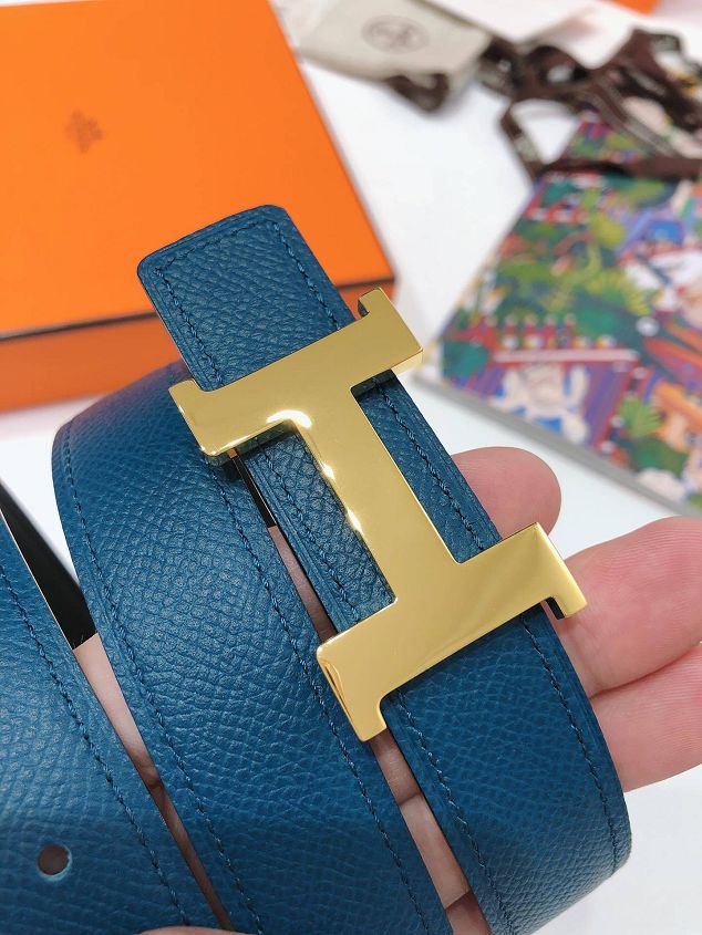 Hermes original epsom leather constance belt 24mm H075396 blue