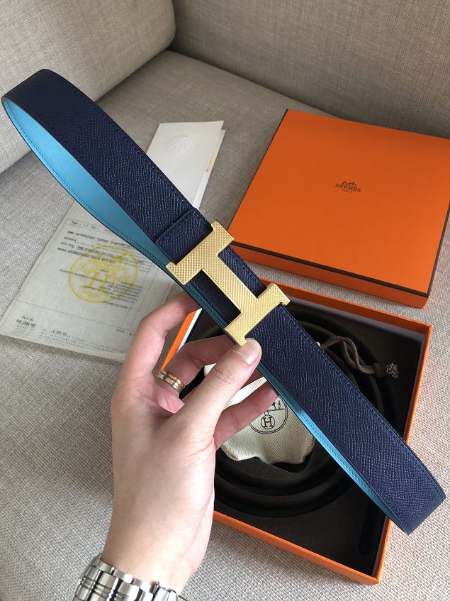 Hermes original epsom leather guillochee belt 32mm H064540 blue