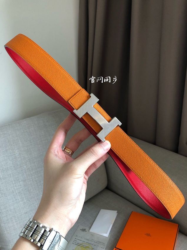 Hermes original epsom leather guillochee belt 32mm H064540 orange