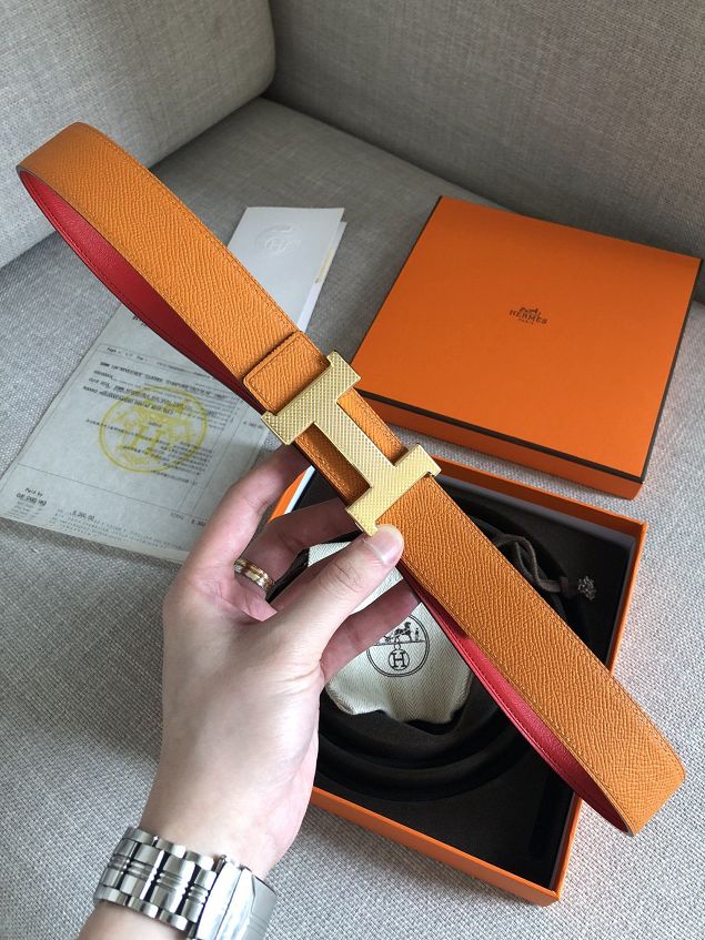 Hermes original epsom leather guillochee belt 32mm H064540 orange