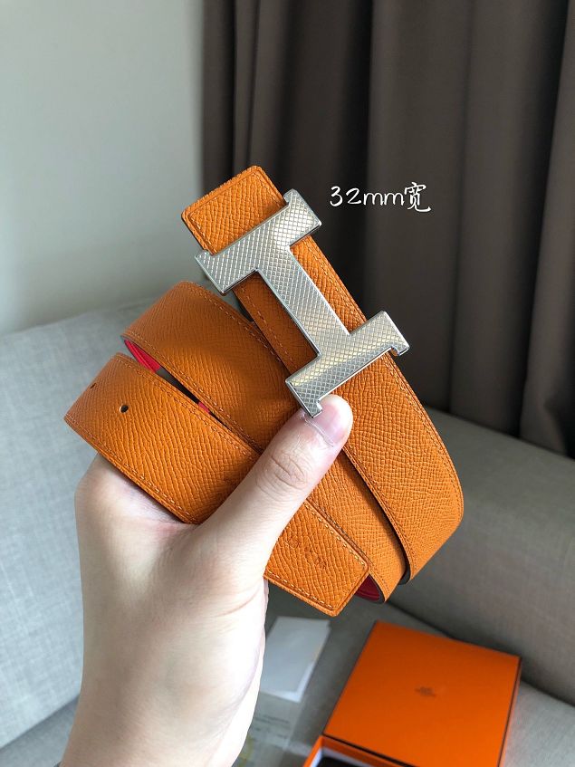 Hermes original epsom leather guillochee belt 32mm H064540 orange