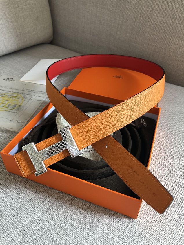 Hermes original epsom leather guillochee belt 32mm H064540 orange