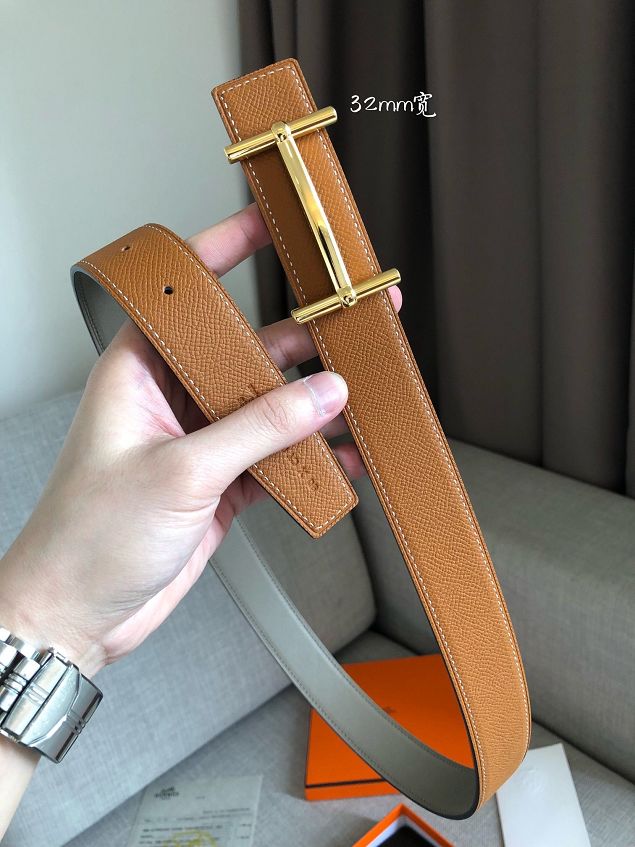 Hermes original epsom leather mores H belt 32mm H075395 coffee