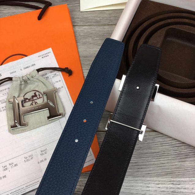 Hermes original togo leather H belt reversible 32mm H064544 blue