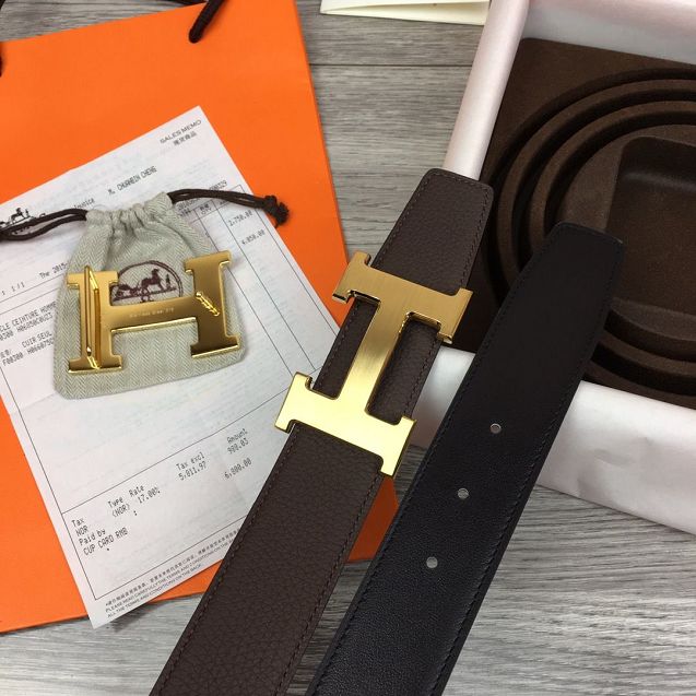 Hermes original togo leather H belt reversible 32mm H064544 dark coffee