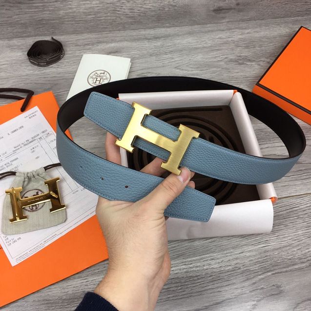 Hermes original togo leather H belt reversible 32mm H064544 light blue