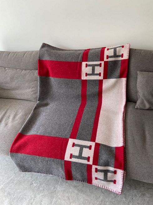 Hermes original cashmere avalon blanket HB064 grey&red&white