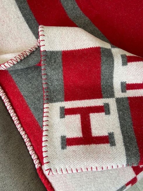 Hermes original cashmere avalon blanket HB064 grey&red&white