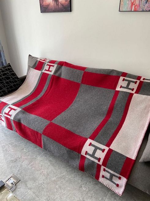 Hermes original cashmere avalon blanket HB064 grey&red&white