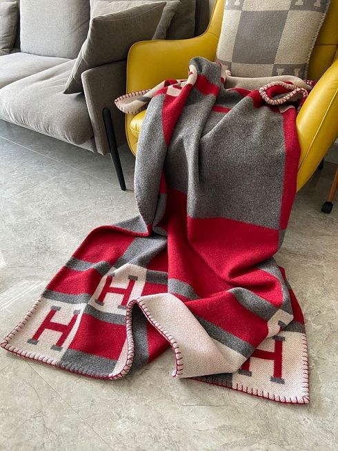 Hermes original cashmere avalon blanket HB064 grey&red&white