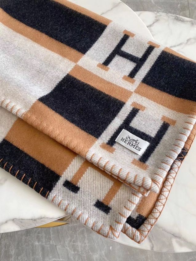 Hermes original cashmere avalon blanket HB064 black&apricot