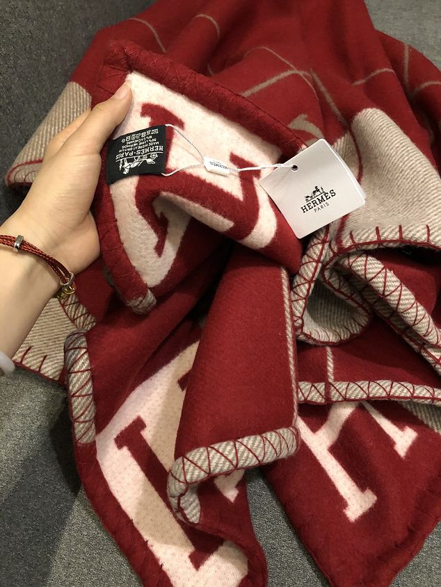 Hermes original wool avalon blanket HB070 wine red