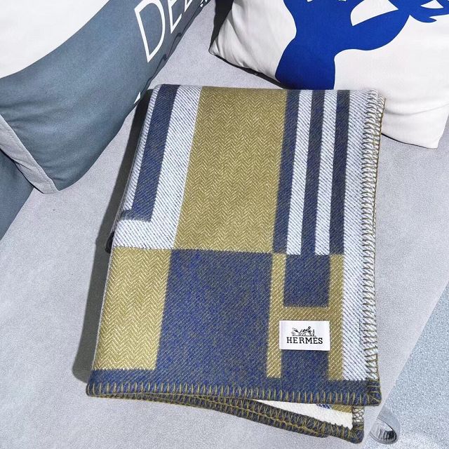 Hermes original wool ithaque blanket HB080 khaki&blue