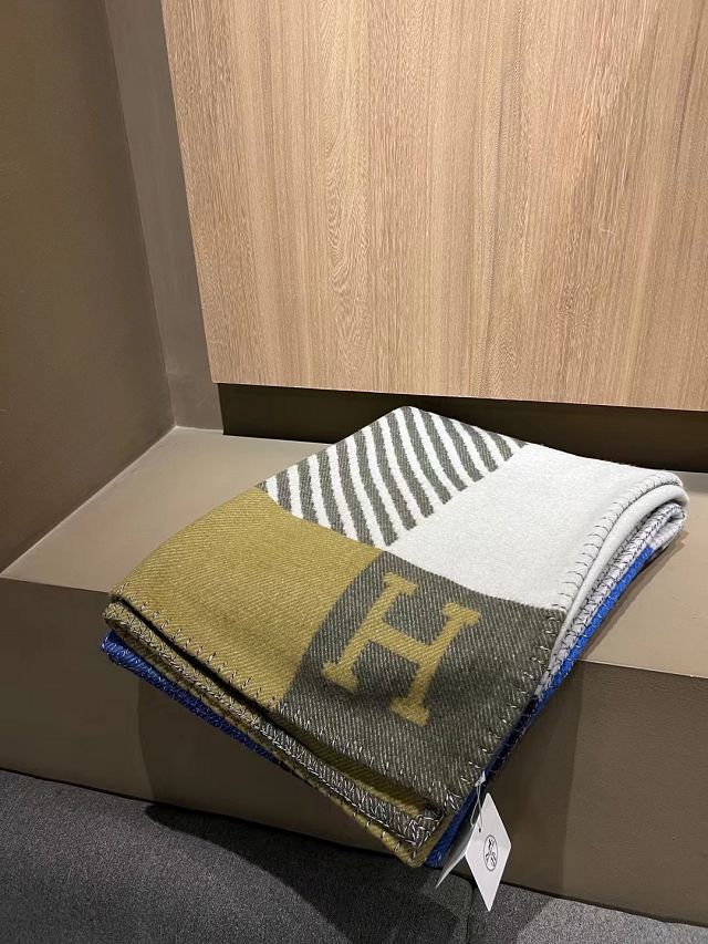 Hermes original wool diagonale blanket HB075 khaki&white