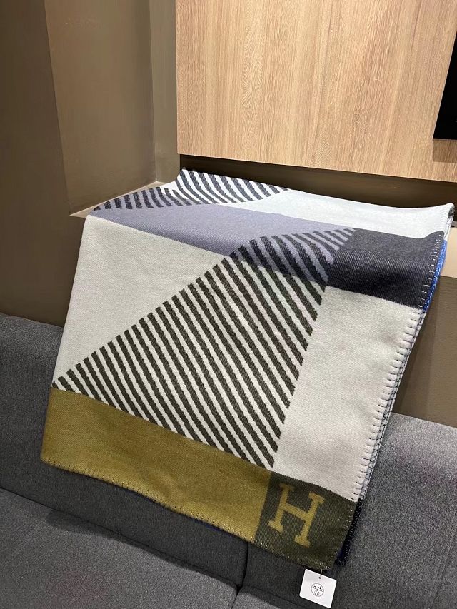 Hermes original wool diagonale blanket HB075 khaki&white